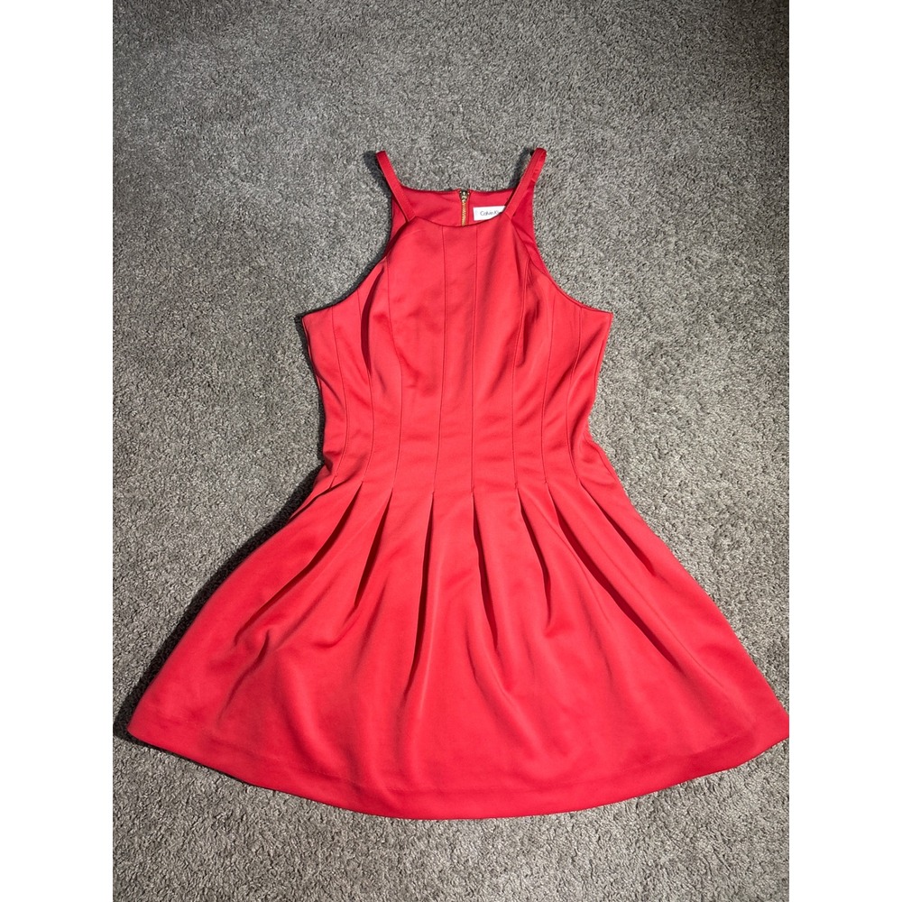 Calvin Klein Red Halter Fit and Flare Pleated Skater Dress Size 2 Gold Zipper - Picture 1 of 9